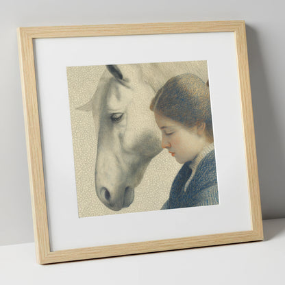 Gentle Reflections horse & rider art print in natural frame