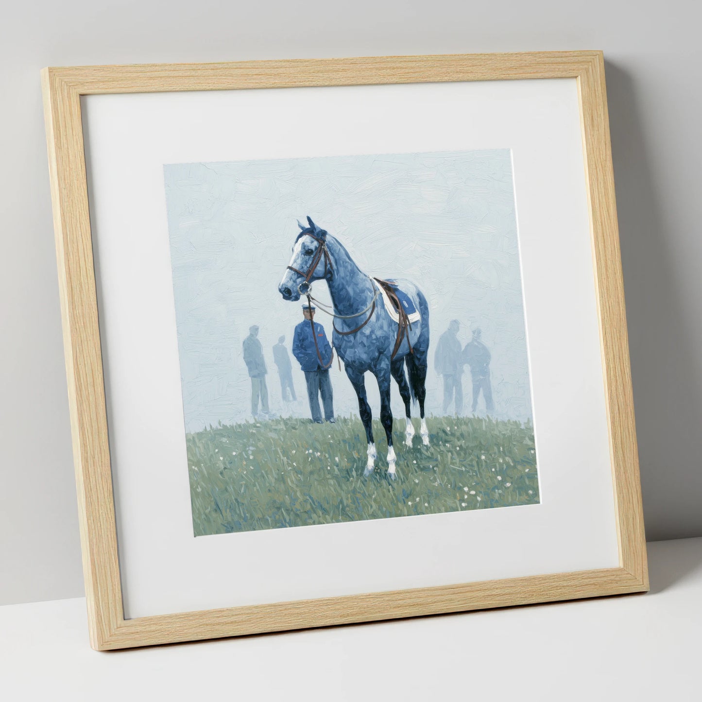 Waiting in the Mist racing horse art print in natural frame
