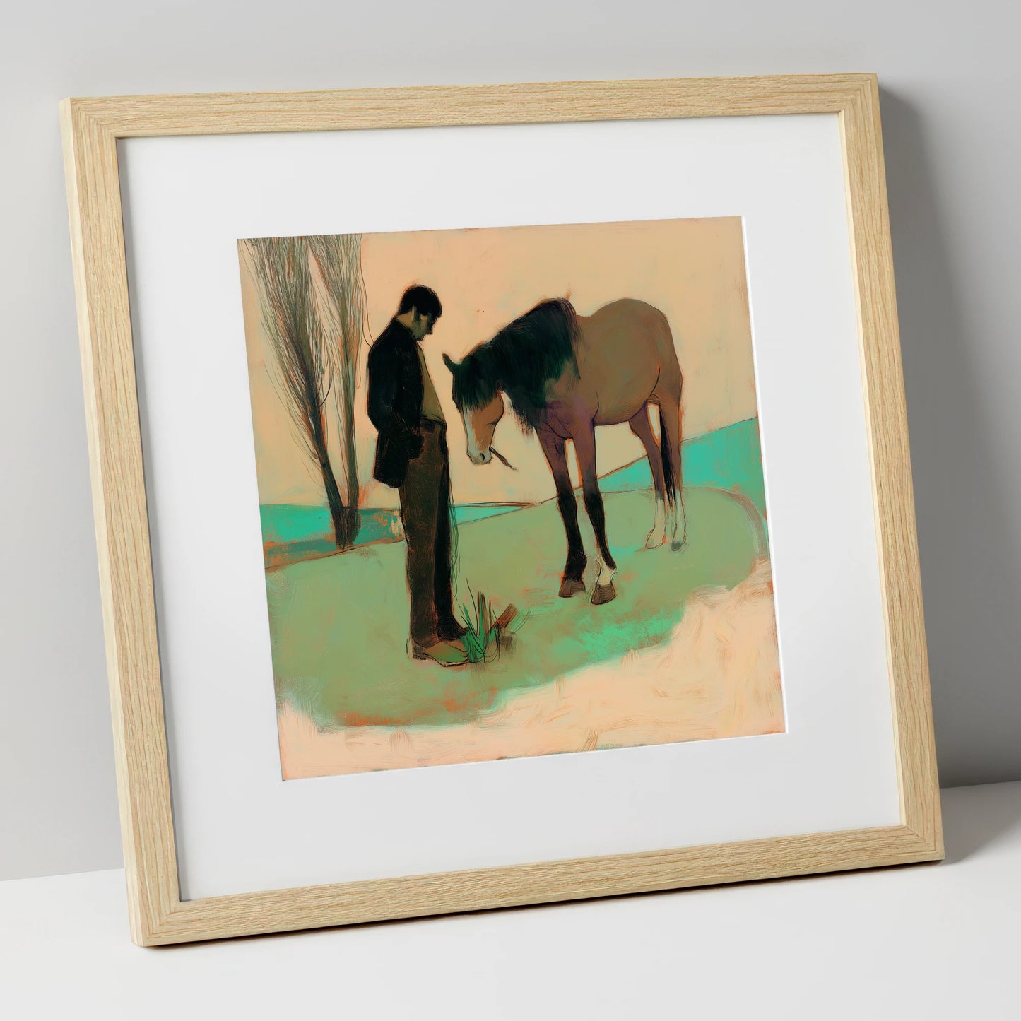 The Quiet Bond horse & rider art print in natural frame
