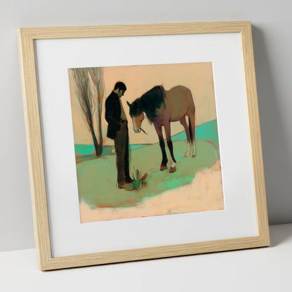 The Quiet Bond horse & rider art print in natural frame