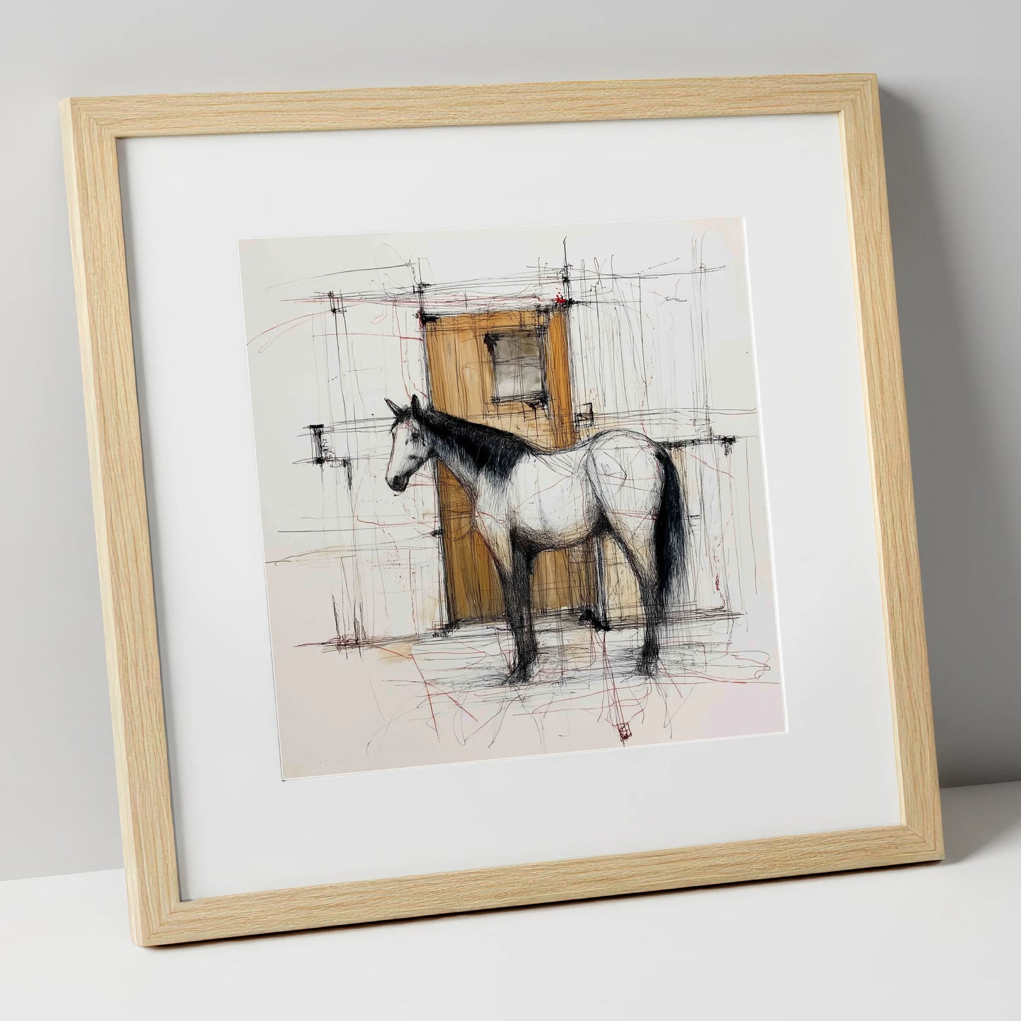 Waiting At The Stable Door horse stable art print in natural frame