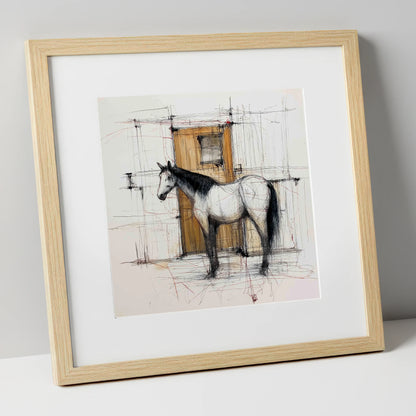 Waiting At The Stable Door horse stable art print in natural frame