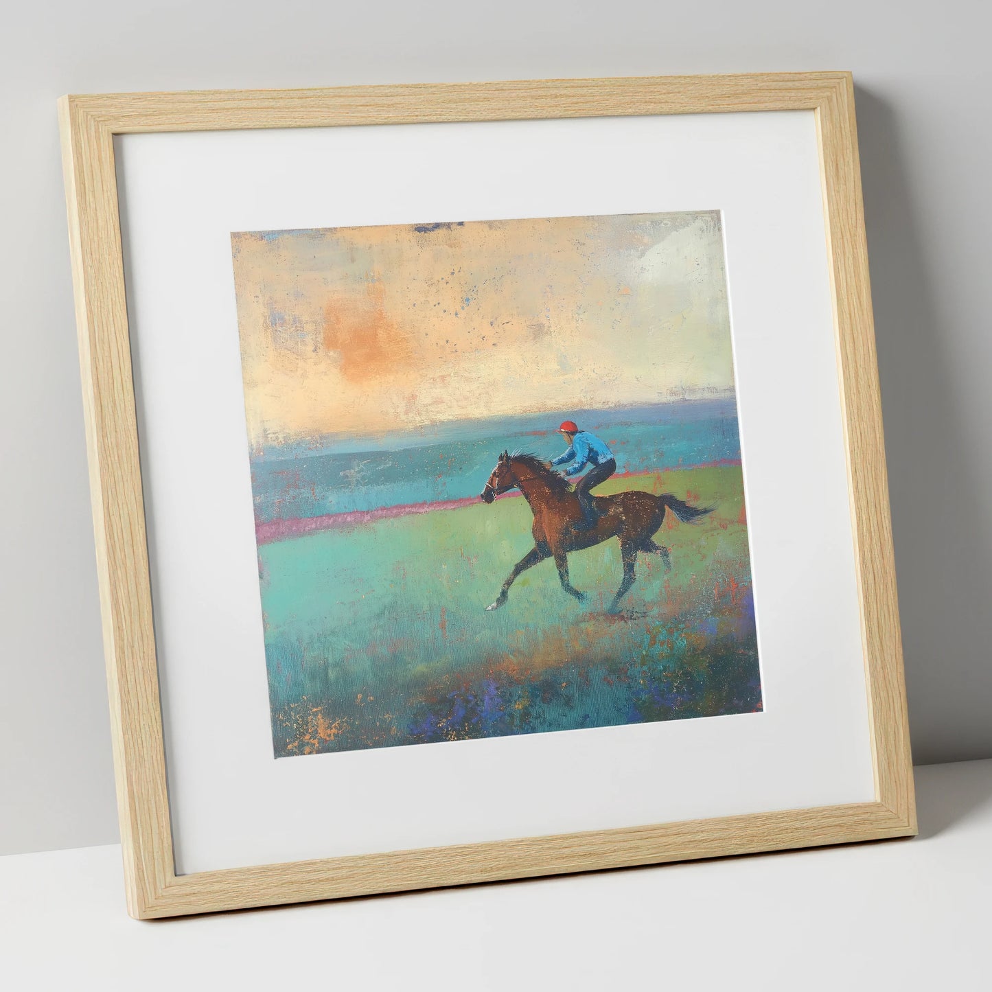 Early Morning Gallop racing horse art print in natural frame