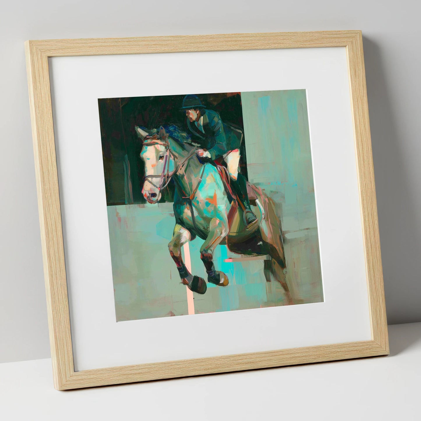 Suspended in Colour show jumping horse art print in natural frame