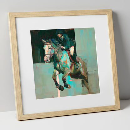 Suspended in Colour show jumping horse art print in natural frame