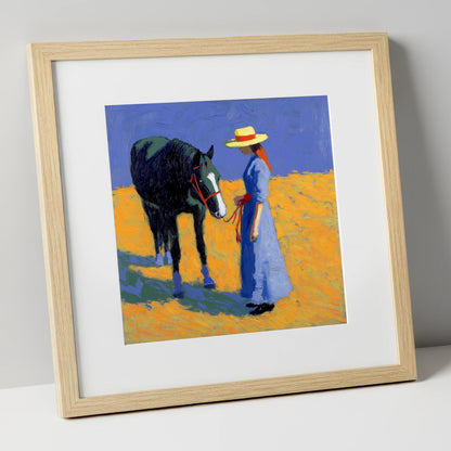 Golden Field Encounter horse & rider art print in natural frame