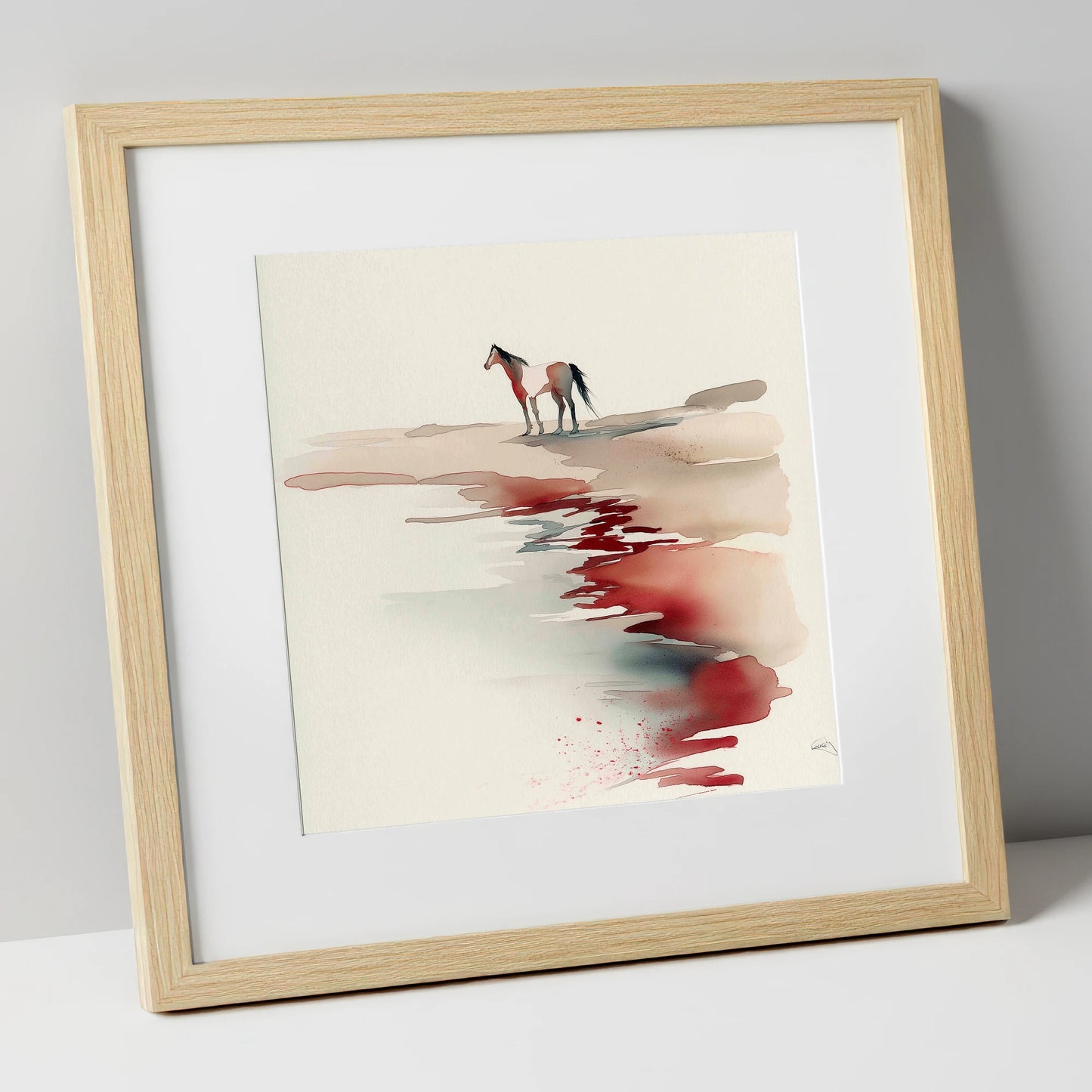 Crimson Horizon horse landscape art print in natural frame