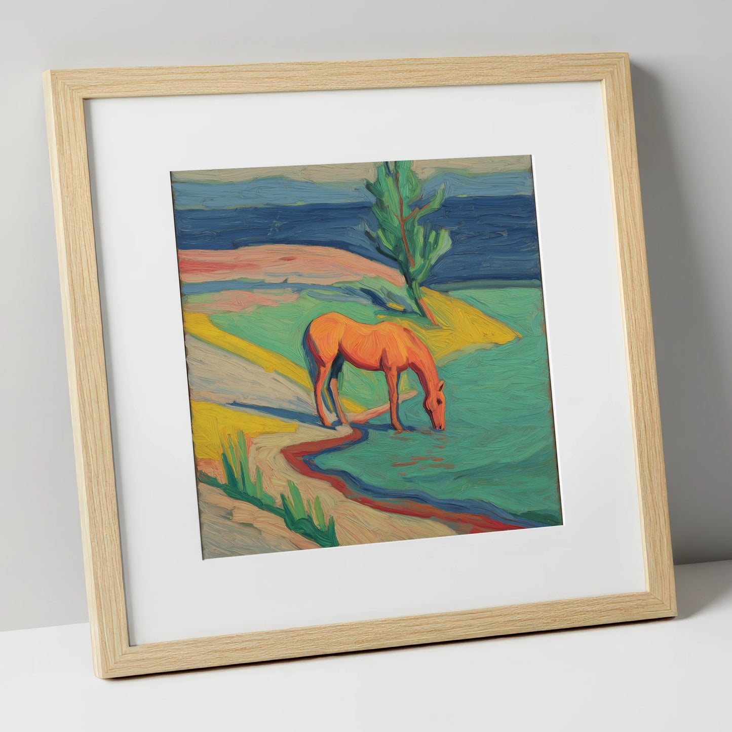 The Vivid Oasis horse landscape art print in natural frame