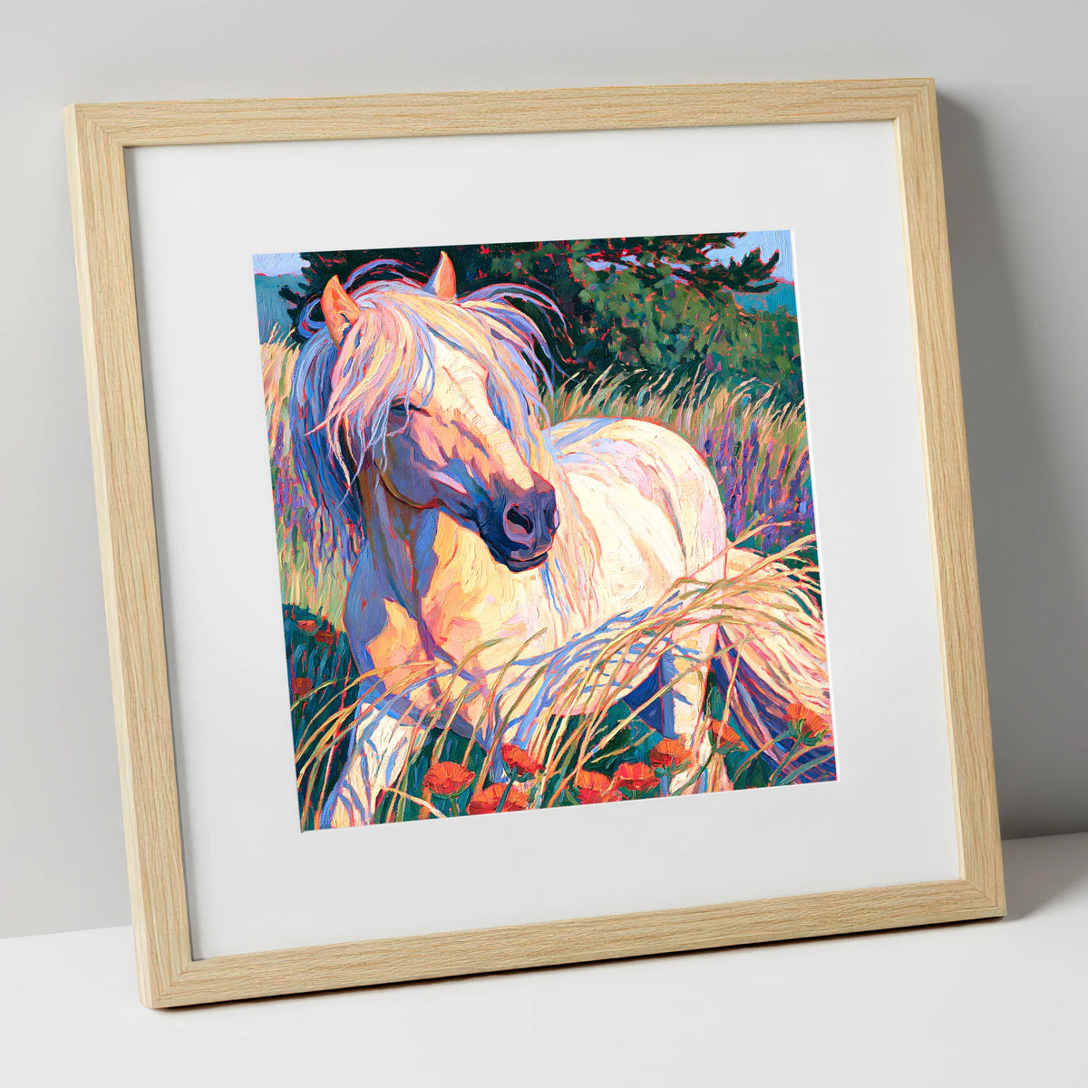 Colourful Horse In Poppy Meadow horse breed art print in natural frame