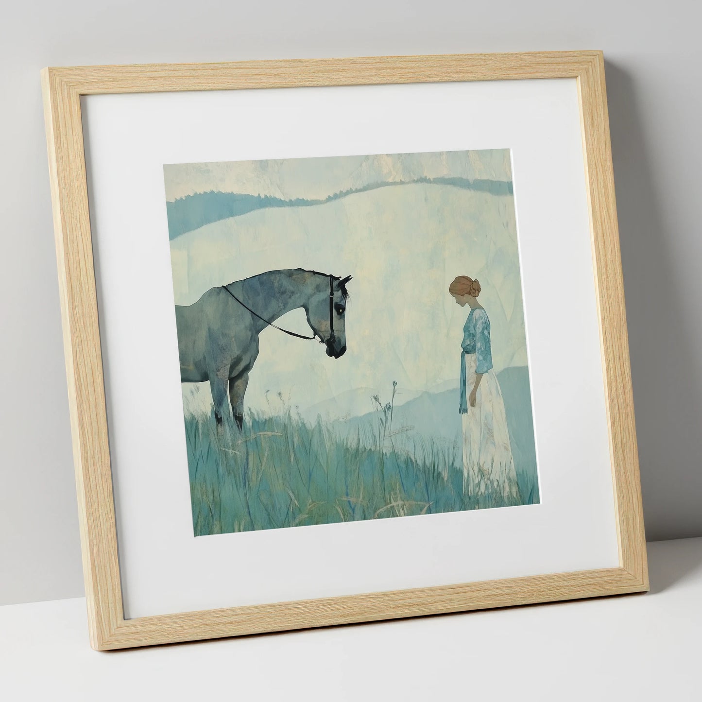 Gentle Regard horse & rider art print in natural frame