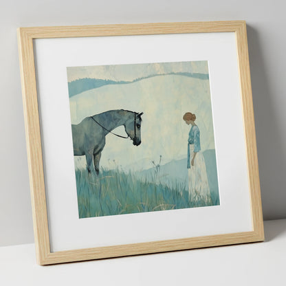 Gentle Regard horse & rider art print in natural frame