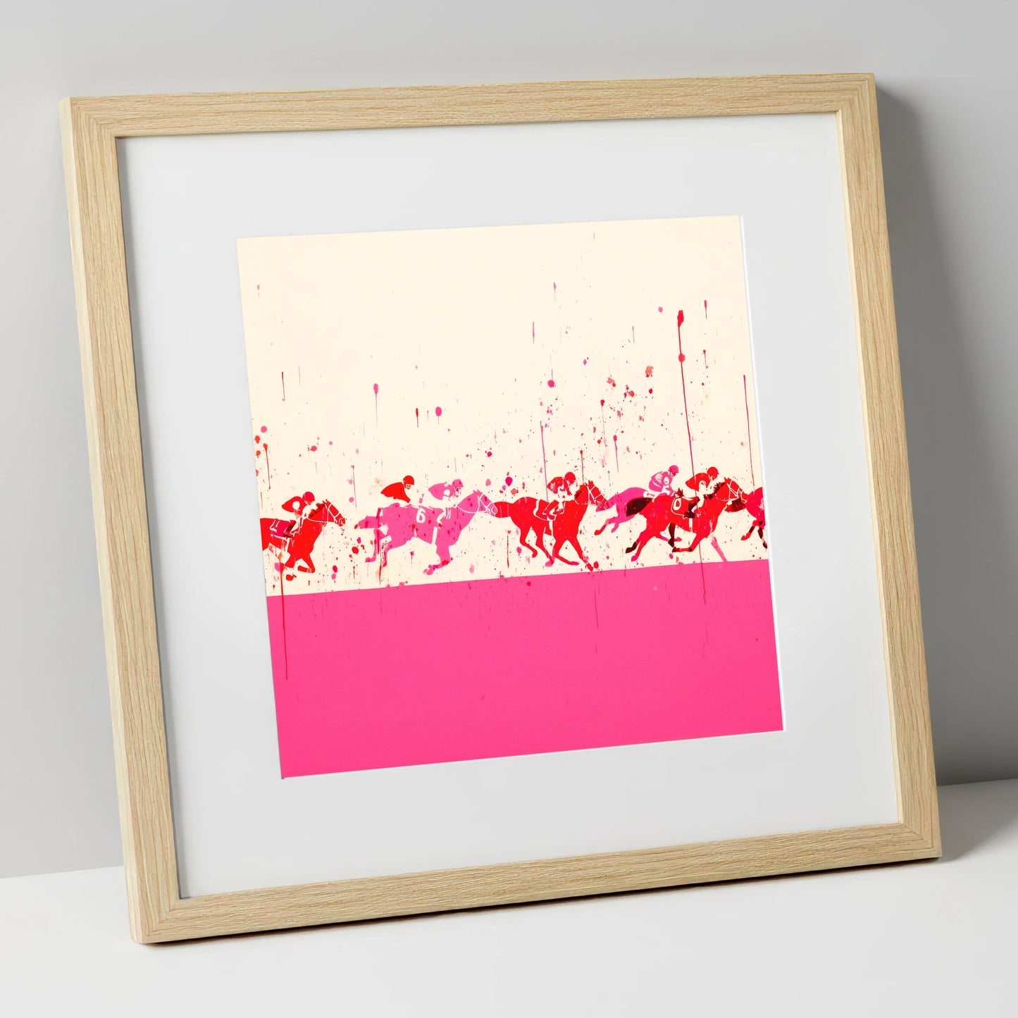 Crimson Surge racing horse art print in natural frame