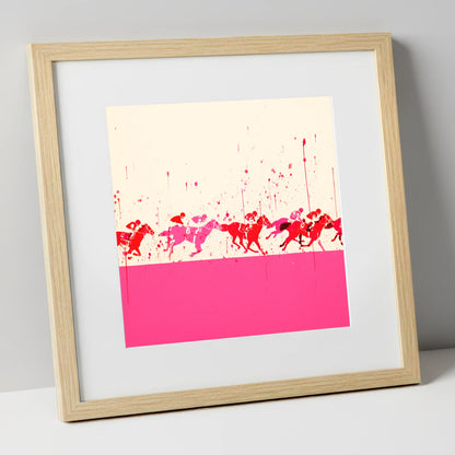 Crimson Surge racing horse art print in natural frame