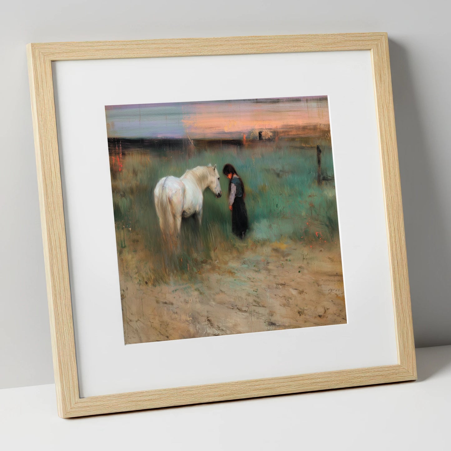 The Quiet Bond horse & rider art print in natural frame