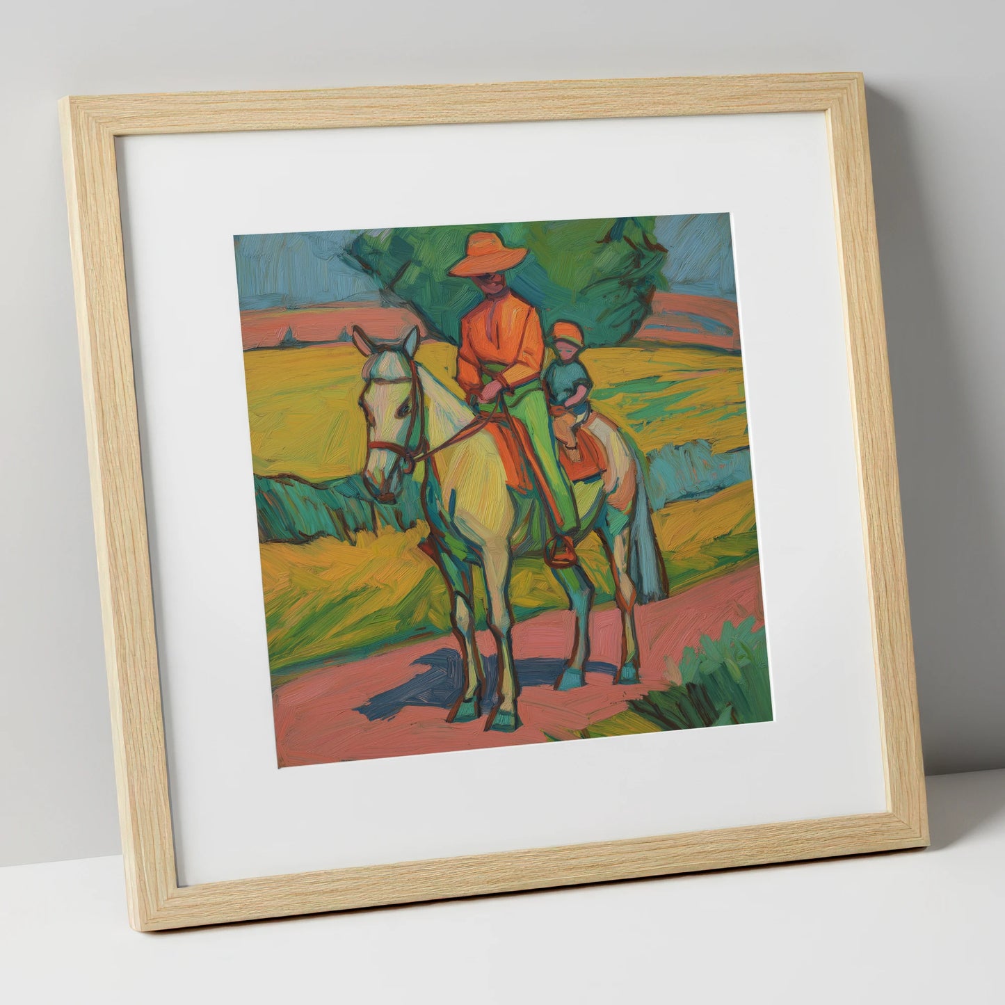 Vivid Summer Companion horse & rider art print in natural frame