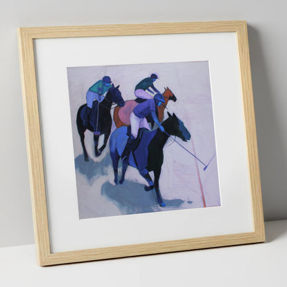Midnight Pursuit on the Field polo horse art print in natural frame