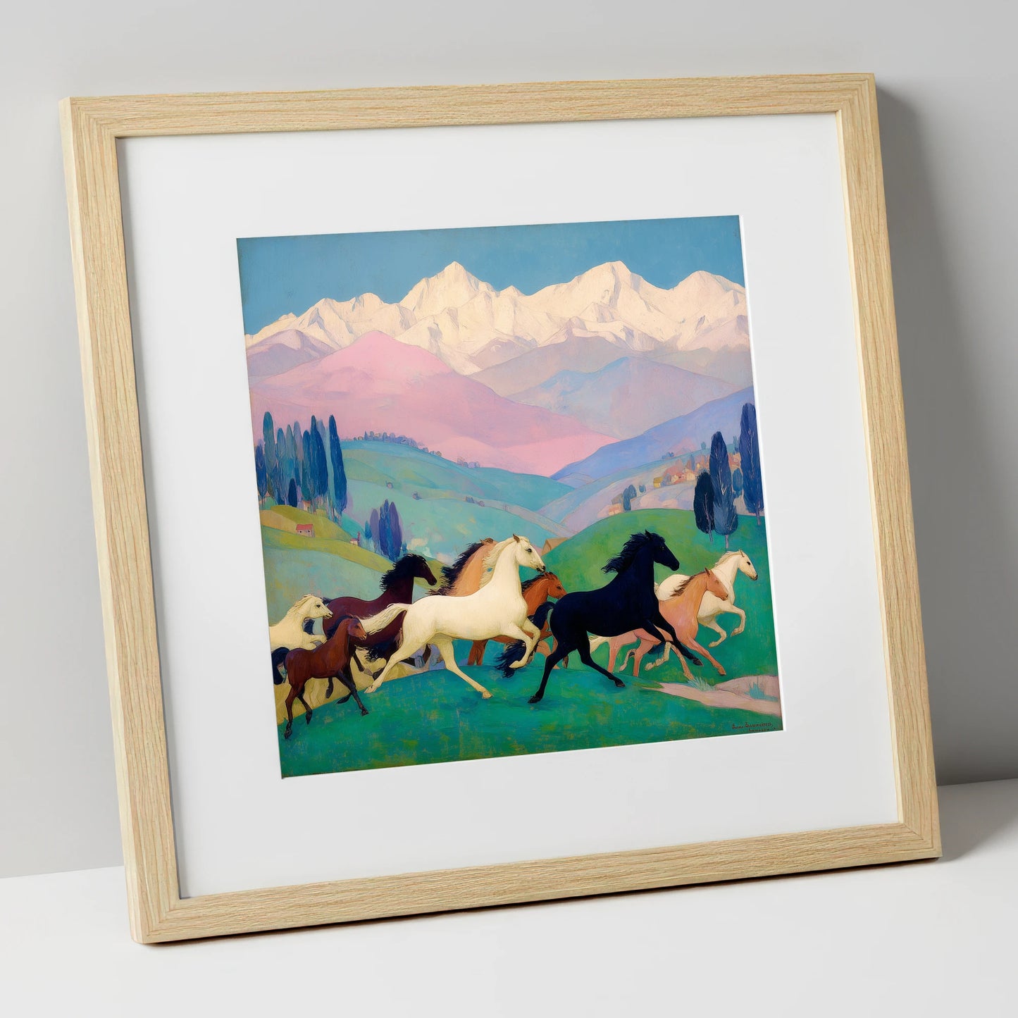 Vibrant Alpine Herd horse landscape art print in natural frame