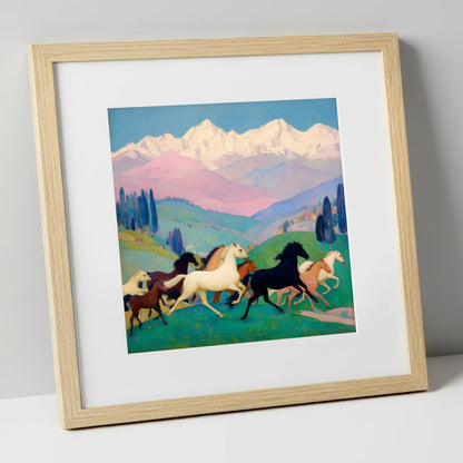 Vibrant Alpine Herd horse landscape art print in natural frame