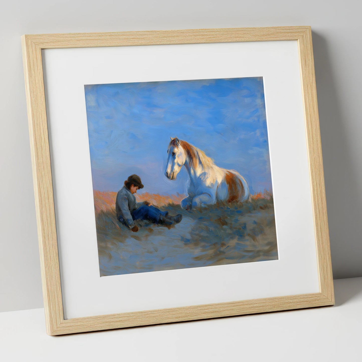 Sunlit Companions horse & rider art print in natural frame