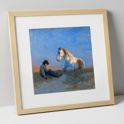 Sunlit Companions horse & rider art print in natural frame