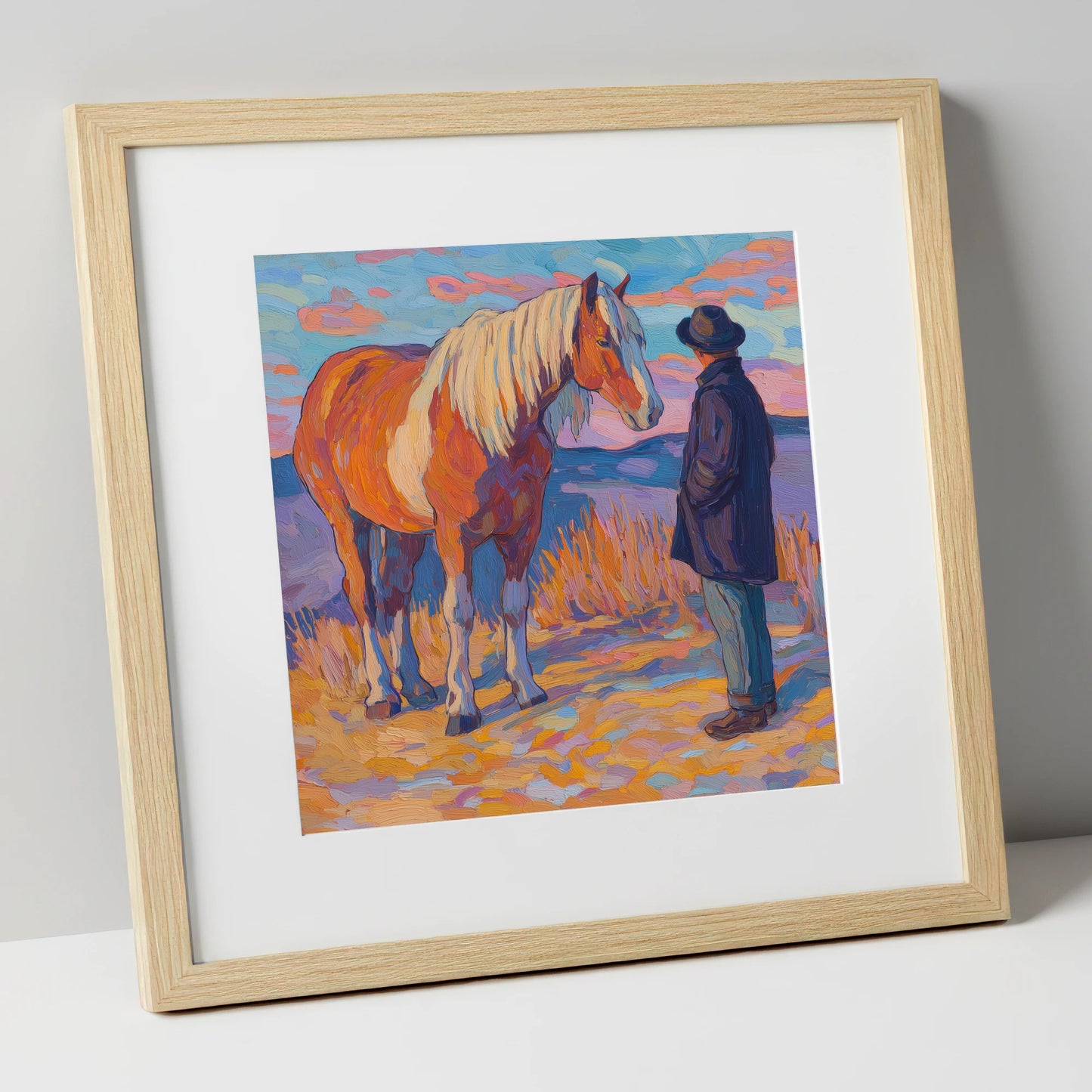 Golden Hour Harmony horse & rider art print in natural frame