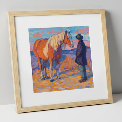 Golden Hour Harmony horse & rider art print in natural frame