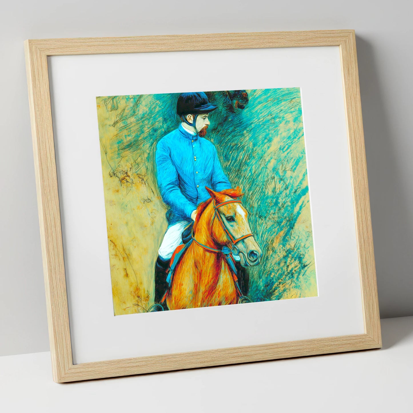 The Cerulean Jockey racing horse art print in natural frame