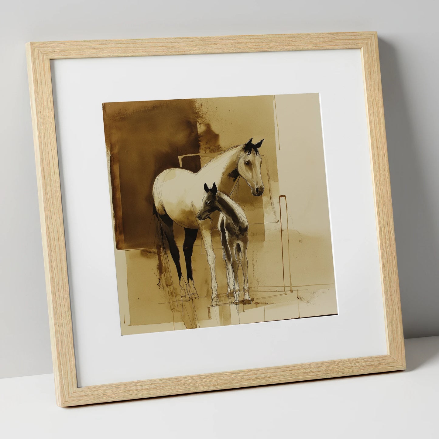 Sepia Shadows mare & foal art print in natural frame