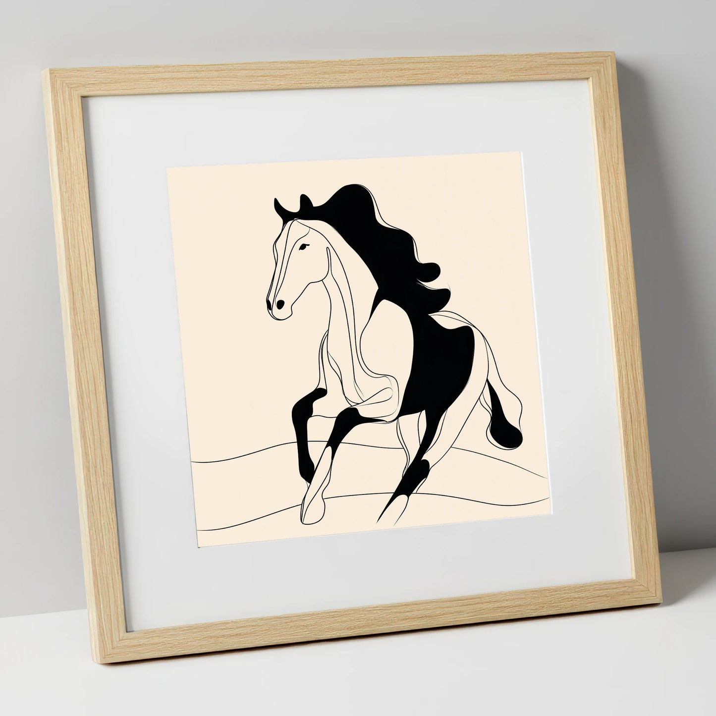 Dynamic Ink Silhouette horse portrait art print in natural frame