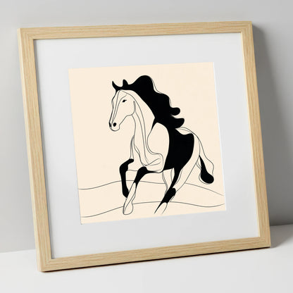 Dynamic Ink Silhouette horse portrait art print in natural frame