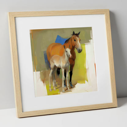 Modern Golden Bond mare & foal art print in natural frame