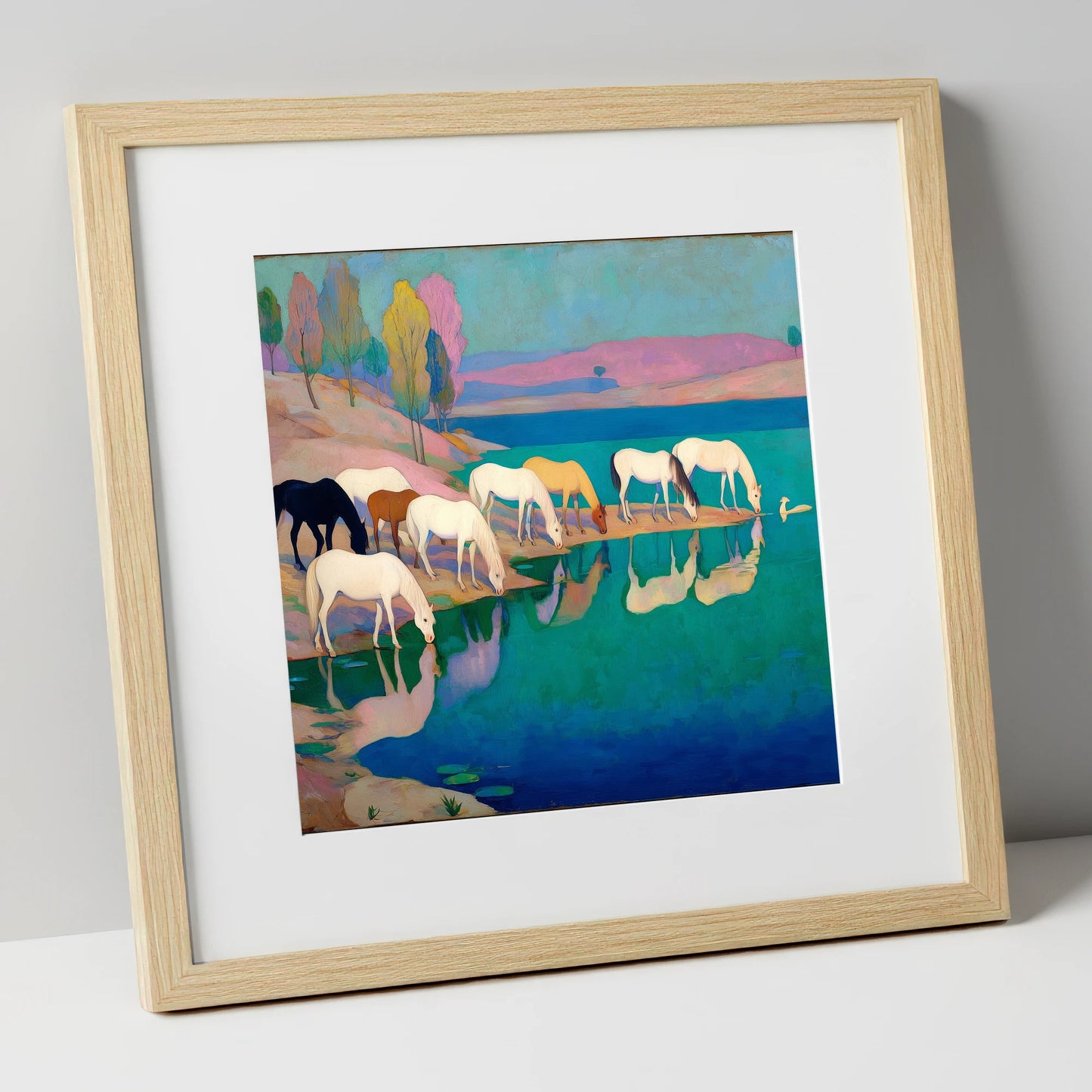 Reflections at Turquoise Waters wild horses art print in natural frame