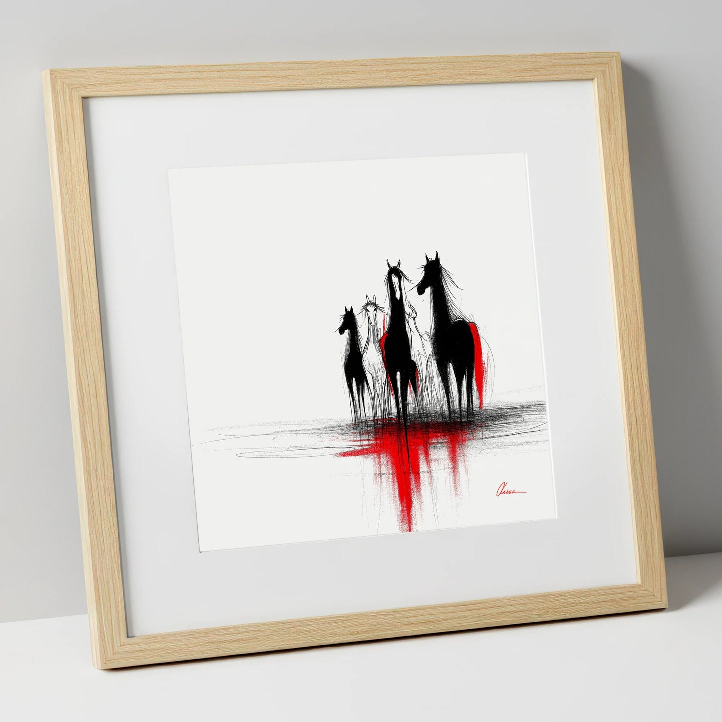 Shadows in Scarlet wild horses art print in natural frame