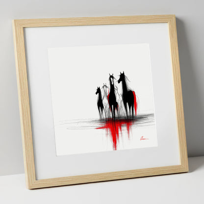 Shadows in Scarlet wild horses art print in natural frame