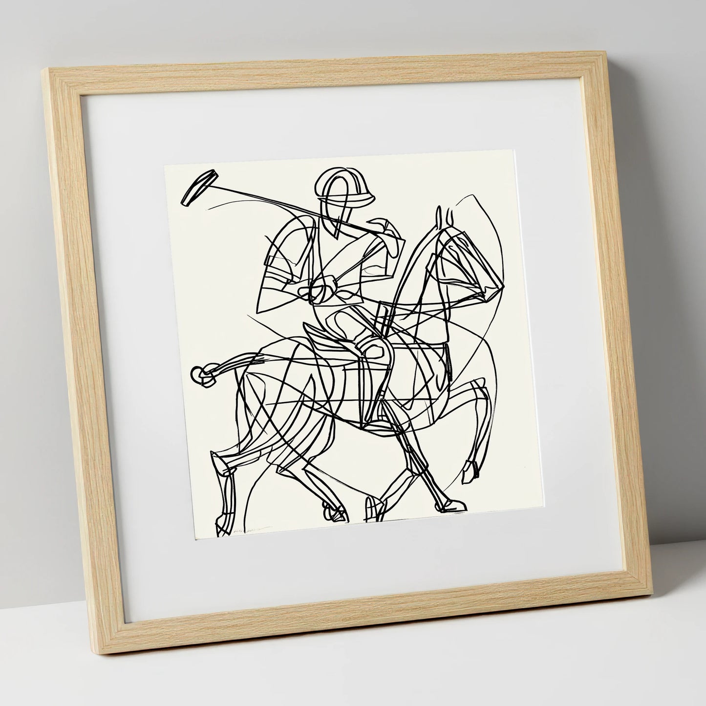 Linear Polo Strike polo horse art print in natural frame