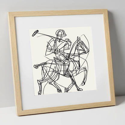 Linear Polo Strike polo horse art print in natural frame