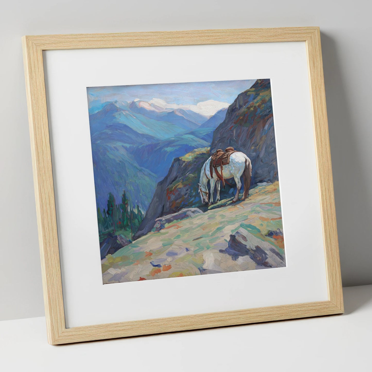 Alpine Trail Halt horse landscape art print in natural frame