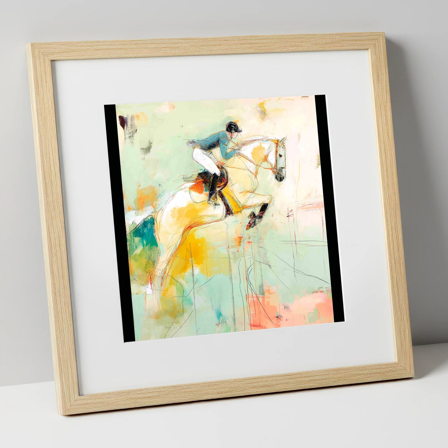 The Perfect Stride show jumping horse art print in natural frame