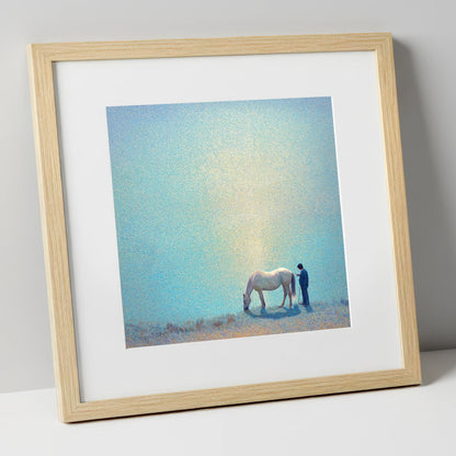 Beside Still Waters horse & rider art print in natural frame
