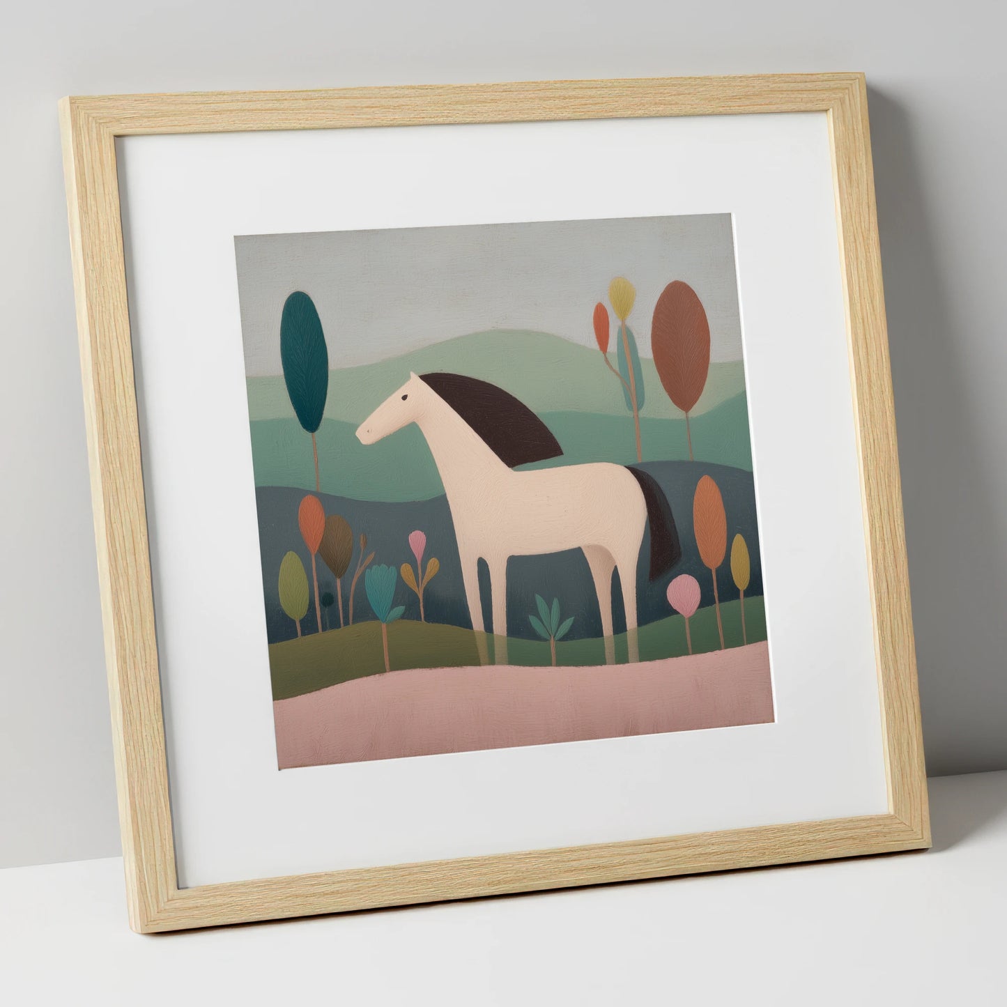 Tranquil Meadow Grey horse breed art print in natural frame