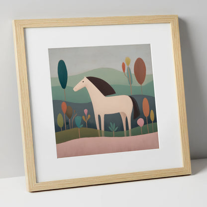 Tranquil Meadow Grey horse breed art print in natural frame