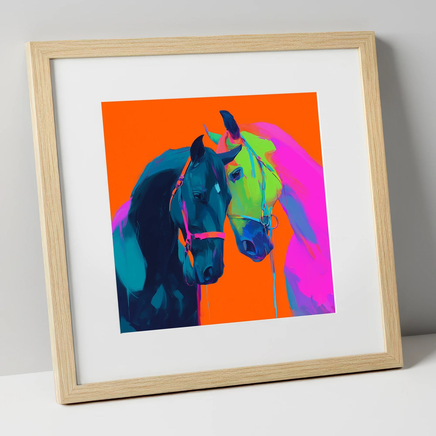 Electric Companions horse portrait art print in natural frame