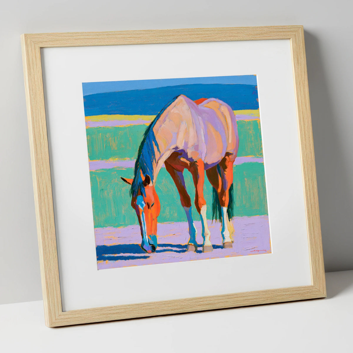 Colourful Grazing Horse horse breed art print in natural frame