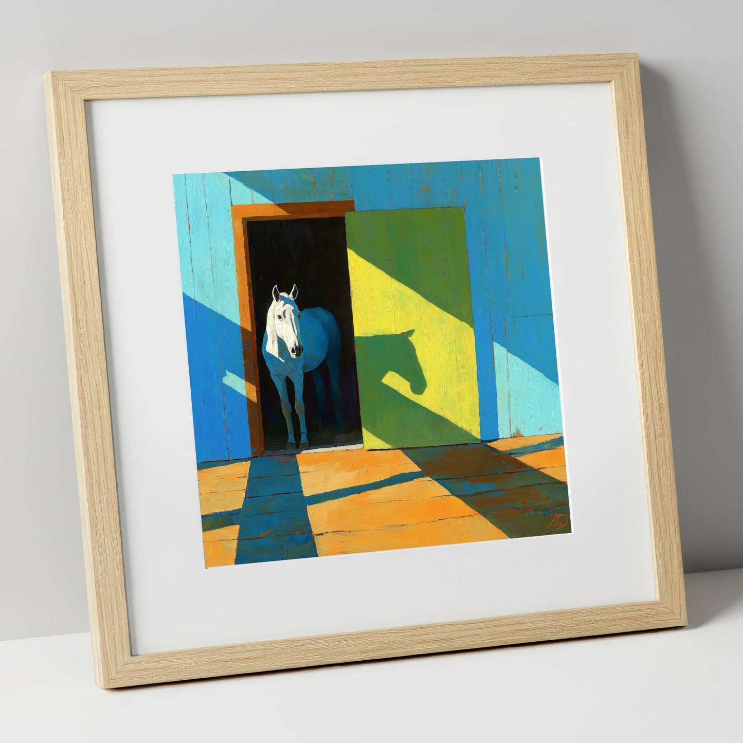 Sunlight and Silhouette horse stable art print in natural frame