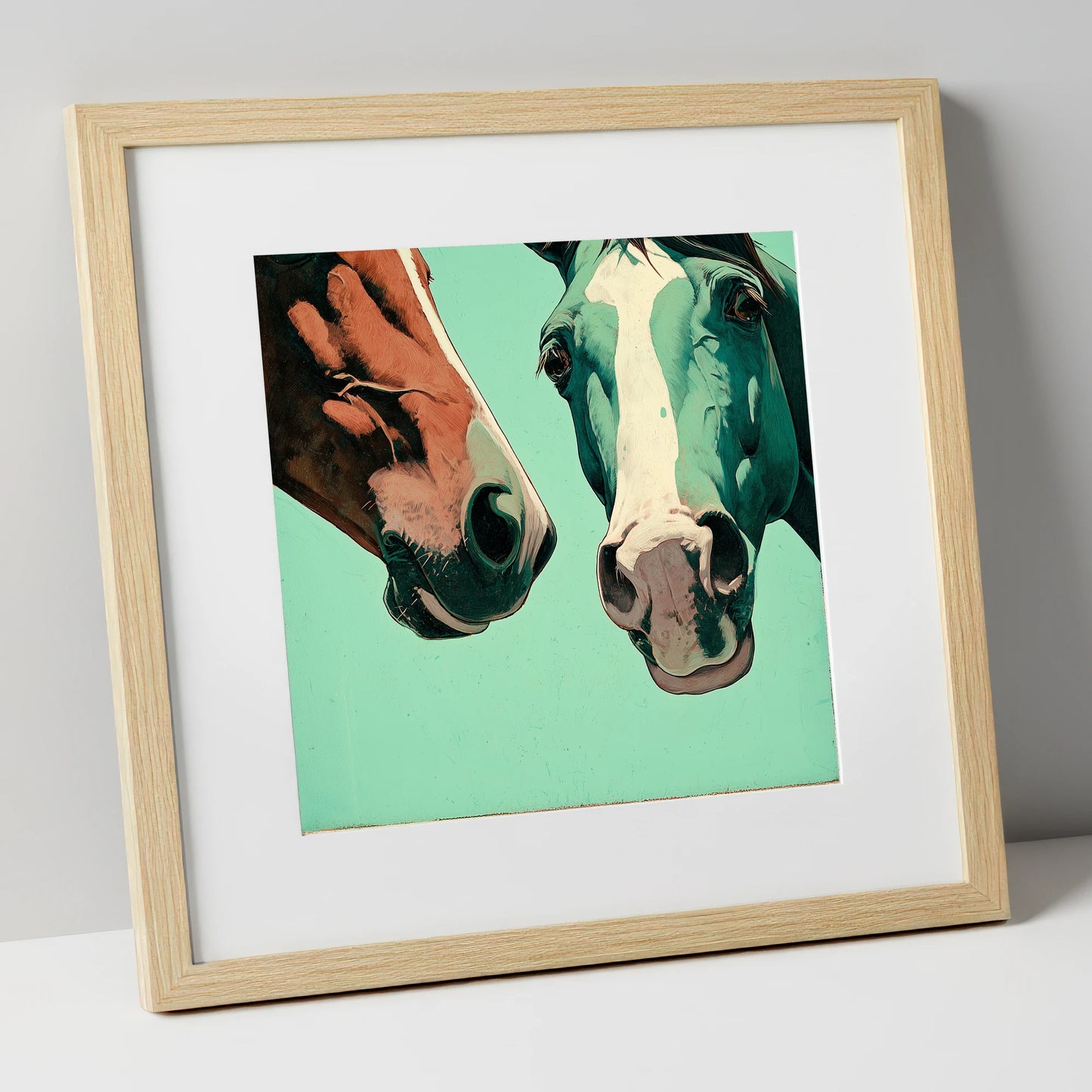 Inquisitive Companions horse portrait art print in natural frame