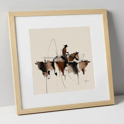 The Cattle Drive western horse art print in natural frame