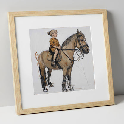 First Lessons horse & rider art print in natural frame