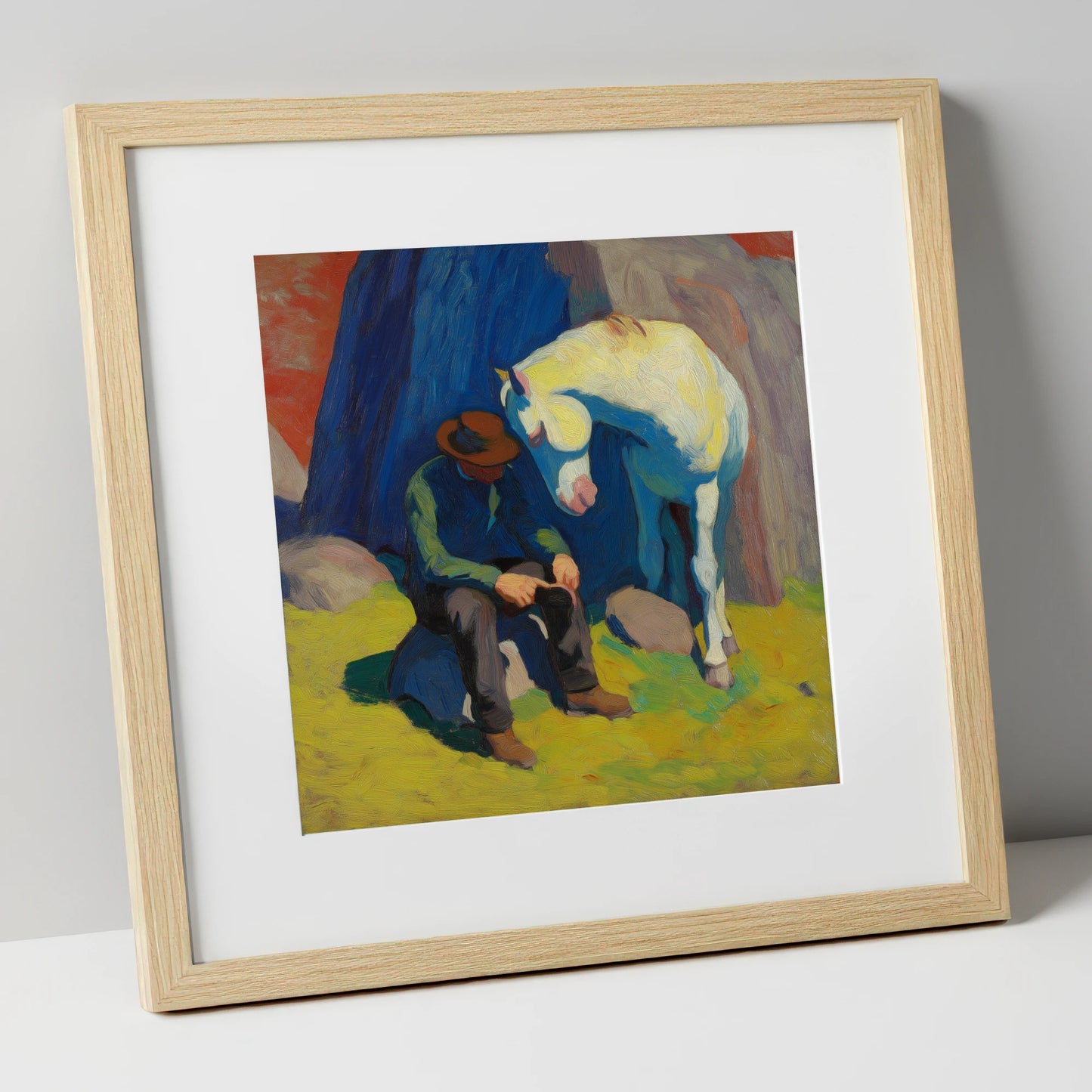 Vivid Companionship horse & rider art print in natural frame