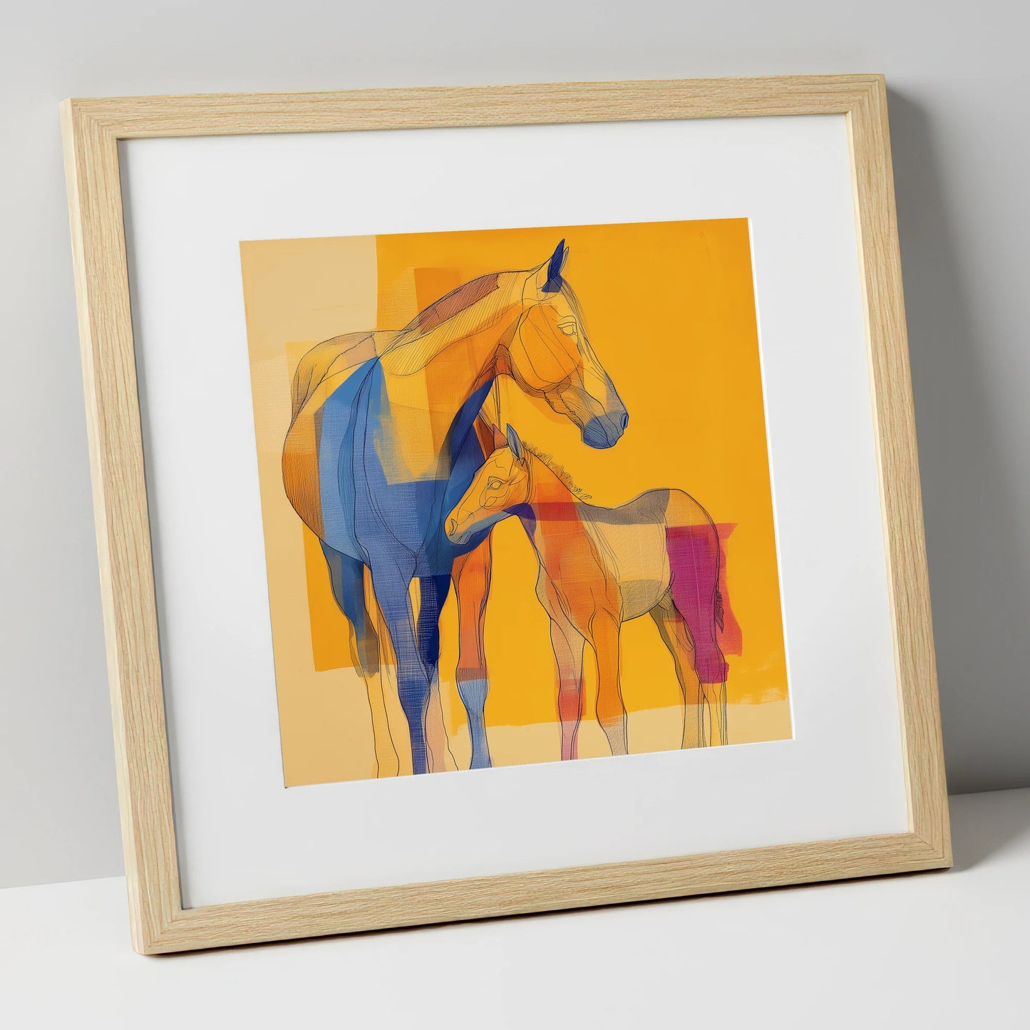 Vibrant Amber Kinship mare & foal art print in natural frame