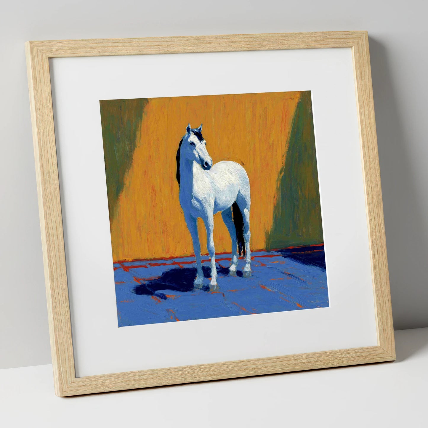 Sun-Drenched White horse breed art print in natural frame